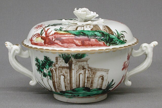 Le Nove porcelain, Bowl with cover, 1765–70, painted with ruins, soft-paste porcelain
