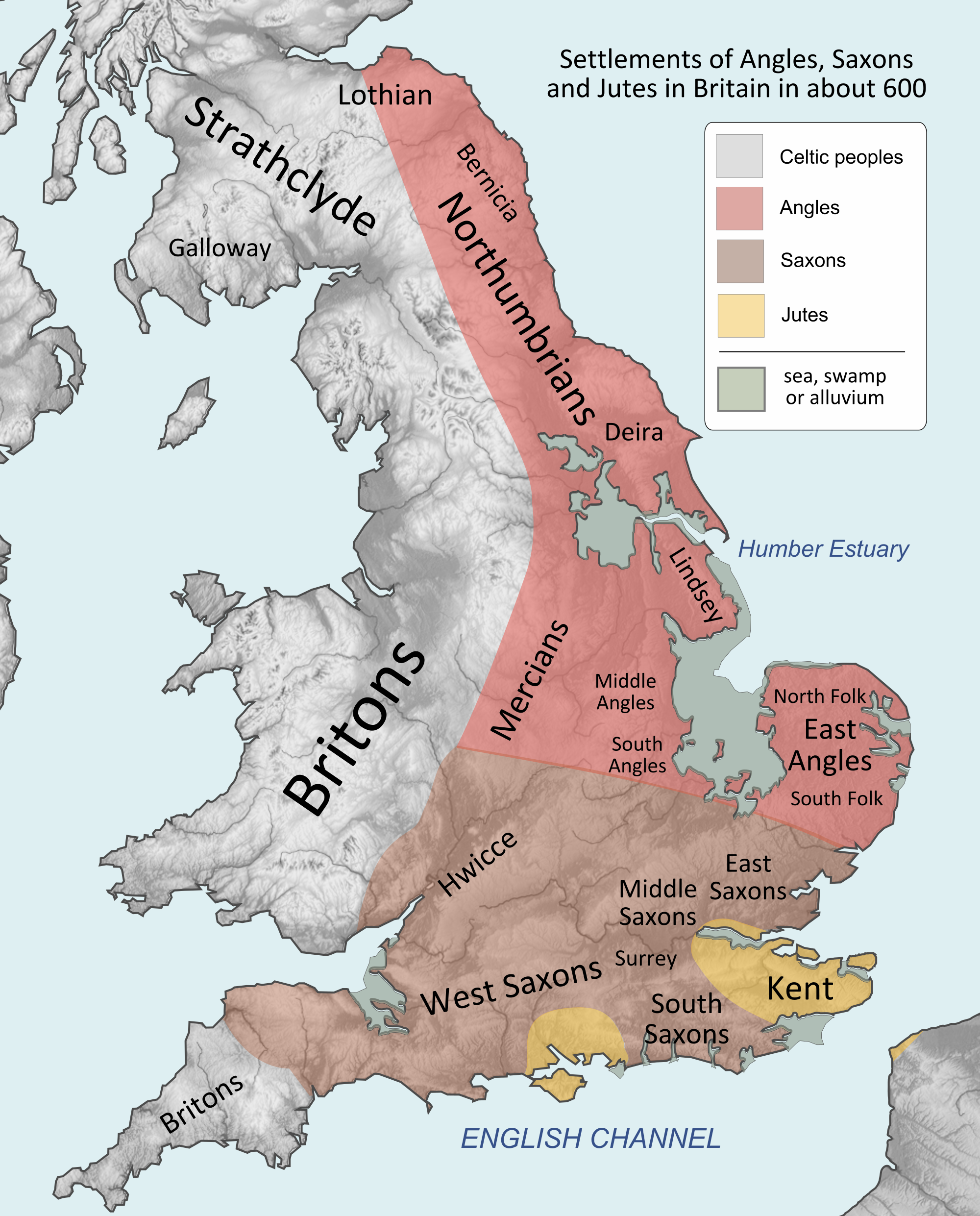 Map of southern Great Britain in 600 CE, showing regions of Angle, Saxon, Jute, and native Briton control.