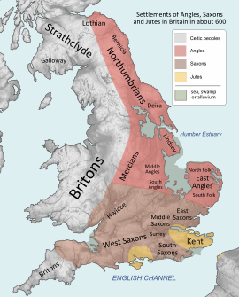 Map of England and Wales. Britons are in the west, Northumbrians in the north, Mercians in the centre, Saxons in the south, and Angles in the middle east. Many smaller groups are present.