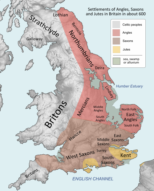 A map showing the general locations of the Anglo-Saxon peoples around the year 600