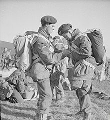 British paratroopers, before taking part in a practice parachute jump in April 1944. British paratroopers April 1944.jpg