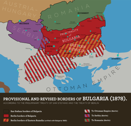 Borders of Bulgaria according to the preliminary Treaty of San Stefano (red stripes) and the superseding Treaty of Berlin (solid red)