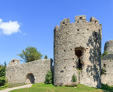 Northwest tower, service wing with gate passage, artillery rondel, southern castle wall and chapel tower Hohenfreyberg Castle Bavaria Germany