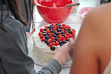 A served blotkake topped with berries. Often berries with the colors of the Norwegian flag are used. Bursdagskrembaerkake.jpg