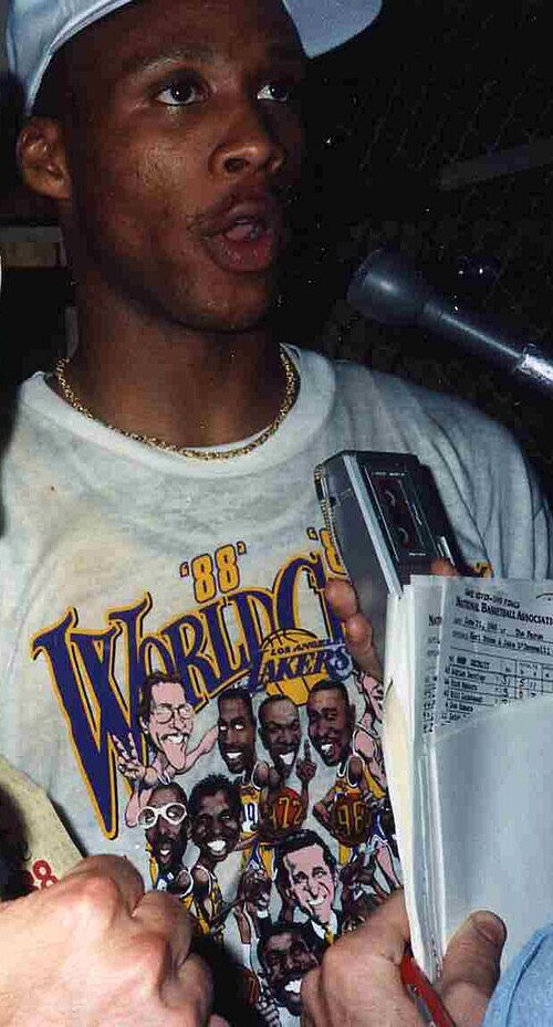 Scott speaks with the media after winning the 1988 NBA Finals.