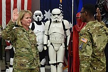 Major General Burt (left) is sworn into the Space Force, May 2021, transferring from the U.S. Air Force. CFSCC's Combined Space Operations Center hosts first International Space Day celebration (2).jpg