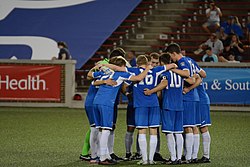 Cleveland players huddle before a game against FC Cincinnati in 2017 CINvCLE 2017-05-17 - AFC Cleveland huddle (34403939140).jpg