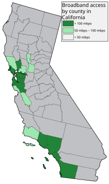 Broadband maps indicate service availability over geographic space. This historical map of California counties in 2011 suggests there is greater availability in large urban metro areas such as Los Angeles and San Francisco. California County Map Showing Broadband Access, 2011.svg