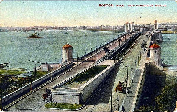 The new Cambridge (now Longfellow) Bridge pre-1912, viewed from the Boston end, with an unfinished heavy rail right-of-way down its center. Tracks vis