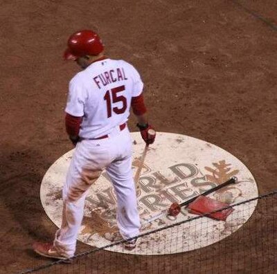 Rafael Furcal, traded to the Cardinals on July 31, awaits his turn at bat in Game 7 of the 2011 World Series