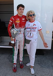 Leclerc with his mother Pascale after winning the Formula 2 championship. Charles Leclerc after winning F2 championship (cropped2).jpg