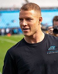 Christian McCaffrey caught the 49ers' first touchdown of the game. (McCaffrey pictured in 2019 with Carolina) Christian McCaffrey 2019.jpg