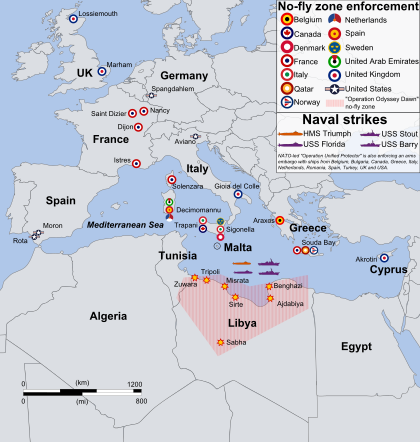 The no-fly zone over Libya as well as bases and warships which were involved in the 2011 military intervention