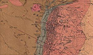 Comstock Lode geologic map, north. Ophir is in the top center; "qz" is quartz and signifies the Comstock Lode. Comstock Lode geologic map.jpg