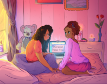 Deux femmes Noires sont installées sur un lit dans une ambiance douce et feutrée. Celle de droite tient la main de sa compagne en lui montrant un écran d'ordinateur sur lequel s'affiche "therapist near you" (Psychologues près de chez vous)