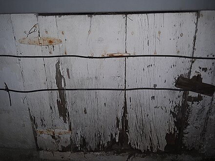 A wooden crawl space access panel, opening to the exterior of the house, that has begun rotting away from dampness