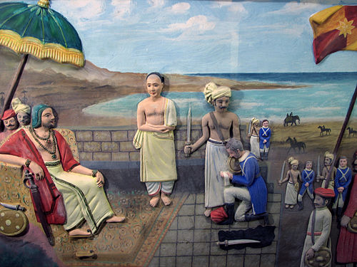 Eustachius De Lannoy of the Dutch East India Company surrenders to Maharaja Marthanda Varma of the Kingdom of Travancore after the Battle of Colachel. (Depiction at Padmanabhapuram Palace)