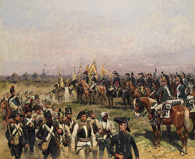 Bonaparte reviewing Austrian prisoners. Napoleon Bonaparte in Italy, 1797 is by Edouard Detaille.