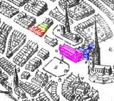 1603: Hôtel de ville gothique, palais épiscopal, maisons au terrain de l'ancien hôtel de ville