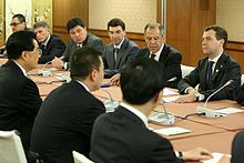 Meeting between Dmitry Medvedev and Hu Jintao at the 2009 APEC Summit. Dmitry Medvedev APEC Summit 14-15 November 2009-8.jpg