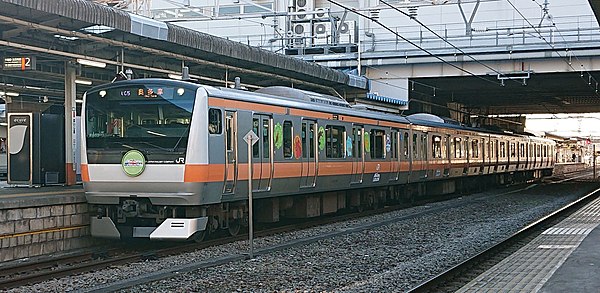 An E233 series train on the Ōme Line in Tokyo Adventure Line wrapping.