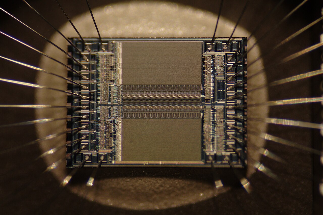 Integrated circuit from an EPROM memory microchip showing the memory blocks, the supporting circuitry and the fine silver wires which connect the integrated circuit die to the legs of the packaging