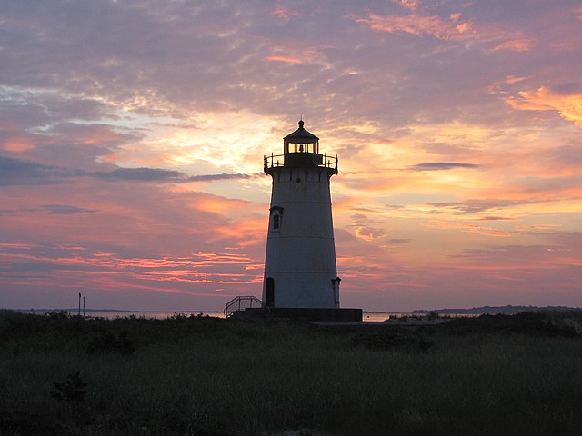 View of Edgartown Lighthouse on Martha's Vineyard at dawn. This is one of 5 lighthouses on the island. It is located at the opening of Edgartown harbo