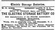 Advertisement for Electric Storage Battery Company 1897 Electric Storage Battery Company 18th and Allegheny Philadelphia, Pennsylvania.png