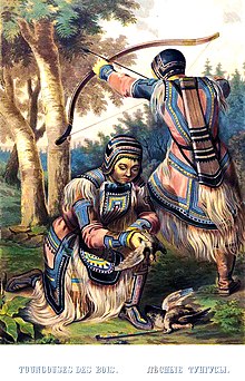 19th century depiction of hunting among the Evenks, one of a number of Tungusic peoples. Known in Gmelin's day simply as 'Tungus'. Makers and consumers of an hallucinogenic, Physochlaina-infused beer. Evenks1862.jpg