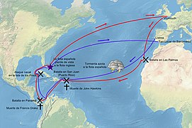 Ruta aproximativă a expediției lui Francis Drake și John Hawkins din 1595-1596 (cu roșu) și atacul naval ulterior și final al flotei lui Bernardino de Avellaneda și Juan Gutiérrez de Garibay (cu albastru)