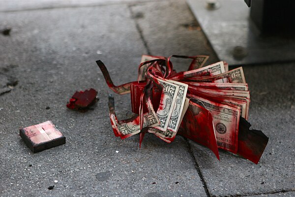 Expended dye pack after a Los Angeles area Bank of America robbery, January 2, 2008. This particular pack was concealed inside a stack of twenty-dolla