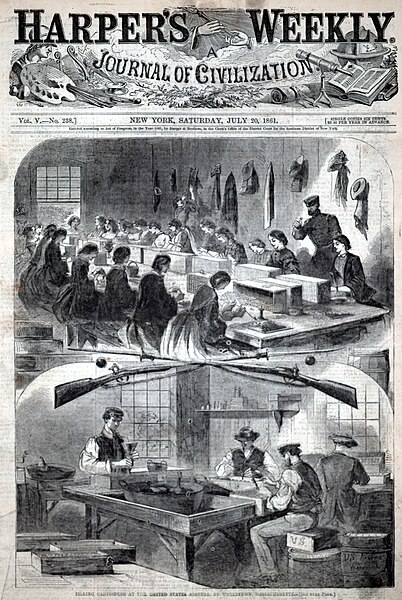 Filling Cartridges at the United States Arsenal at Watertown, Massachusetts, from Harper's Weekly, July 20, 1861