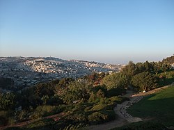 הר המשחה הוא הפסגה הימנית והקרובה מבין השלוש הנראות בתמונה. משמאל לו נראה הר הזיתים ובקצה השמאלי של התמונה הר הצופים. מבט מטיילת שרובר, מכוון דרום לצפון