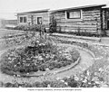 Flower garden in front of cabin with cat in the window, Fairbanks, ca 1914 (CURTIS 1960).jpeg