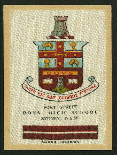 A cigarette card from c. 1920 showing the crest and colours of Fort Street Boys' High School