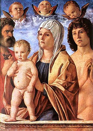 Jovanni Bellini - Madonna va St Peter va Sent-Sebastian.jpg bilan birga bo'lgan bola