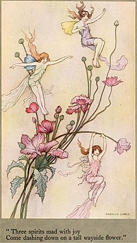 Fairies dangling on and frolicking around flowers