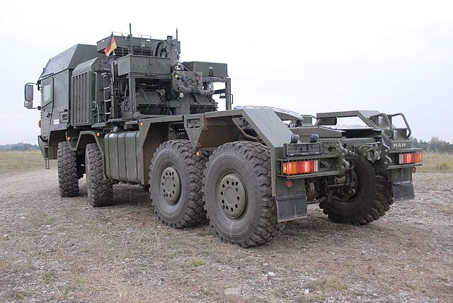 Rear three-quarter shot showing winch assembly of an HX81 tank transporter