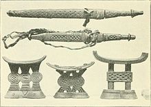 Kalanga knives with wooden sheaths; wooden pillows. From a 1910 ethnographical work. Handbook to the ethnographical collections (1910) (14596864227).jpg