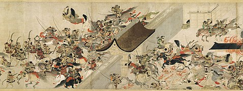 War in all its brutality: armed samurai slaughtering the nobles amid the night attack on Sanjō Palace during the Heiji rebellion. Heiji Monogatari Emaki, 13th century