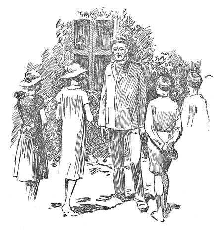 Szkic pięciu osób na tle ściany domu z oknem — stojący przodem dorosły mężczyzna i odwrócone w jego stronę czworo dzieci