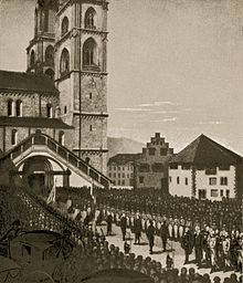 Tagsatzung of 1807 at Grossmunster in Zurich Hundert Jahre Bilder aus der Stadt Zurich - Einzug der eidg. Gesandten in die Grossmunsterkirche bei Eroffnung der Tagsatzung 1807.jpg