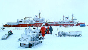 Ice station SHEBA base, Canadian Coast Guard Ship Des Groseilliers (right) with CCGS Louis S. St-Laurent. Ice Station SHEBA-CRREL.jpg