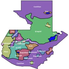 A language map of Guatemala. The "Castilian" areas represent Spanish. Idiomasmap Guatemala.svg