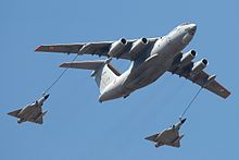 An IAF Ilyushin Il-78MKI provides mid-air refueling to two Mirage 2000 Ilyushin Il-78MKI (RK-3452).jpg