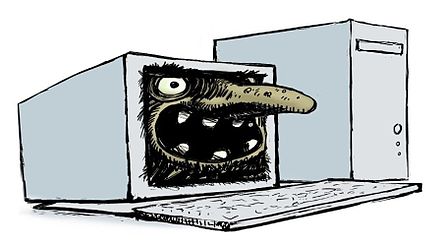Internet troll popping out of the computer.
