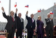 Five presidents of Chile since Transition to democracy (1990-2022), celebrating the Bicentennial of Chile Izamiento de la Gran Bandera Nacional - Presidentes de Chile.jpg