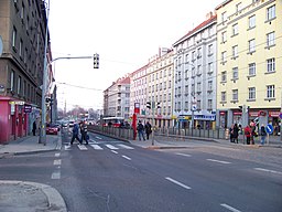 Ulice u křižovatky s Jeseniovou ulicí, v obraze tramvajová zastávka Biskupcova