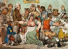 A cartoon from 1802 depicting Jenner vaccinating - the recipients are shown with cows emerging from their bodies. Jenner cartoon from 1802.jpg