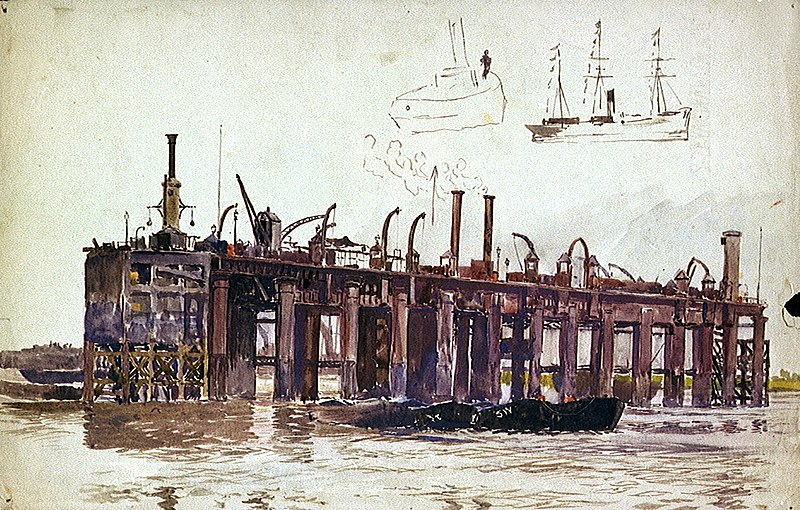 File:Jetty of Beckton Gasworks with very rough sketch of a ship and a tug RMG PW0949.jpg